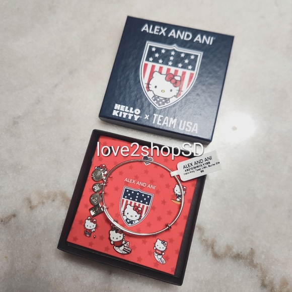 Alex & Ani Hello Kitty X Team USA Surfer Bangle Silver Charm Bracelet NWT - Picture 3 of 3